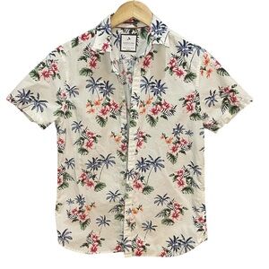 Denim & Flower Ricky Singh Slim Fit White Tropical Print Shirt Mens Size Small